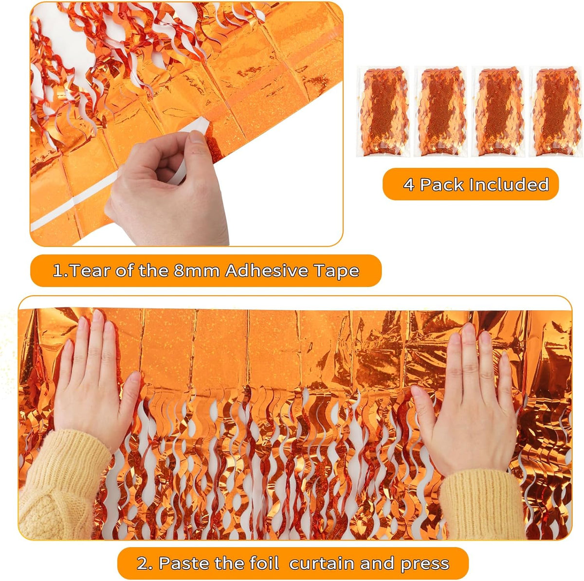 4 Pack Orange Wavy Metallic Tinsel Foil Fringe Curtains | 3.3 ft x 6.6 ft Party Streamer Backdrop