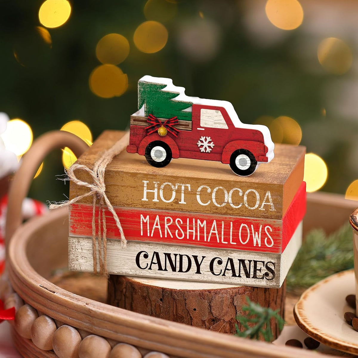 4 Pcs Christmas Table Decorations Red Truck Winter Tiered Tray Decorations Rustic Merry Christmas