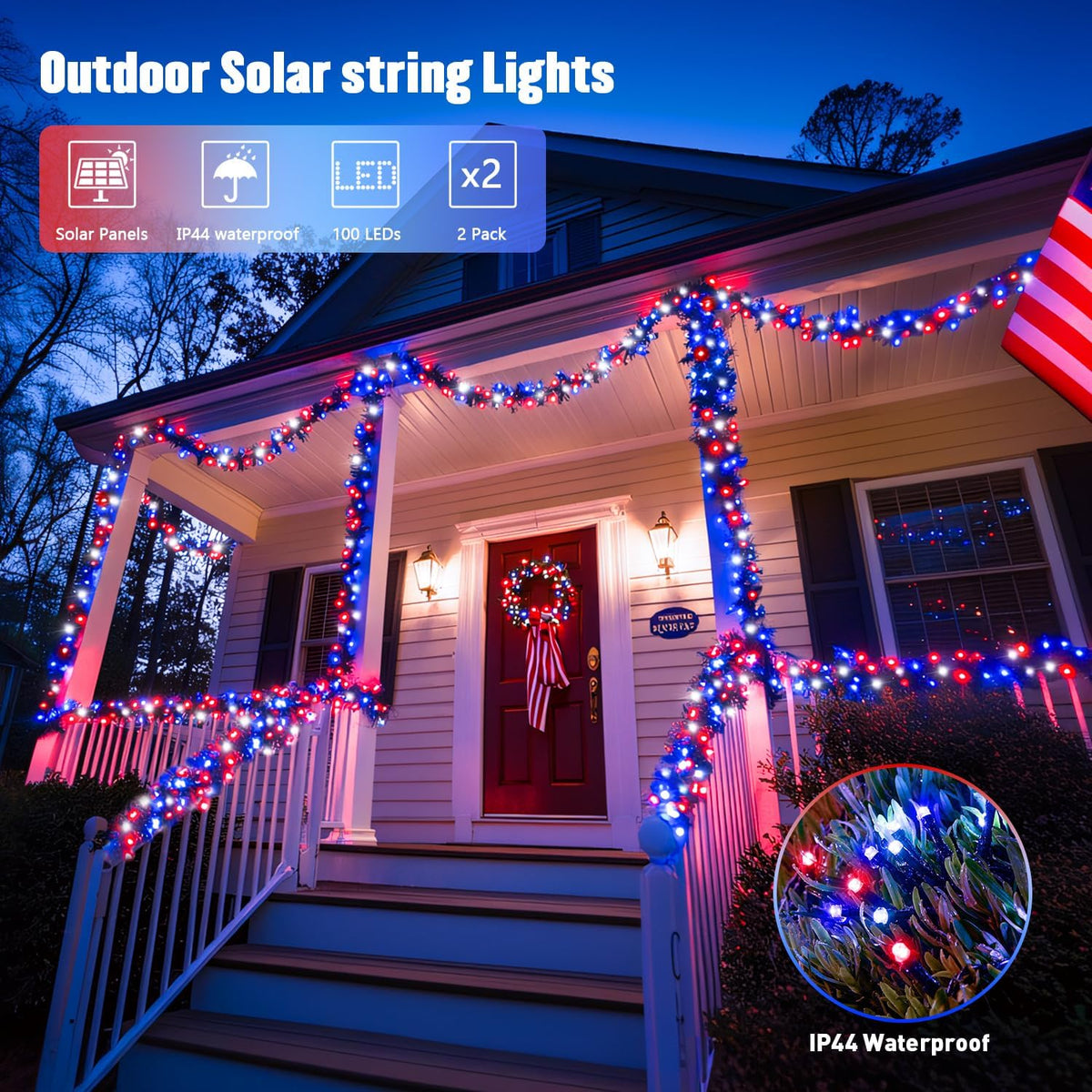 JMEXSUSS 2 Pack Red White and Blue Solar Lights 100LED 33ft Patriot Solar String Lights Waterproof