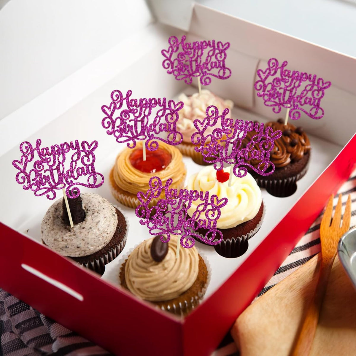 Gyufise 24Pcs Happy Birthday Cupcake Toppers Glitter Happy Birthday Cupcake Picks for Celebrating