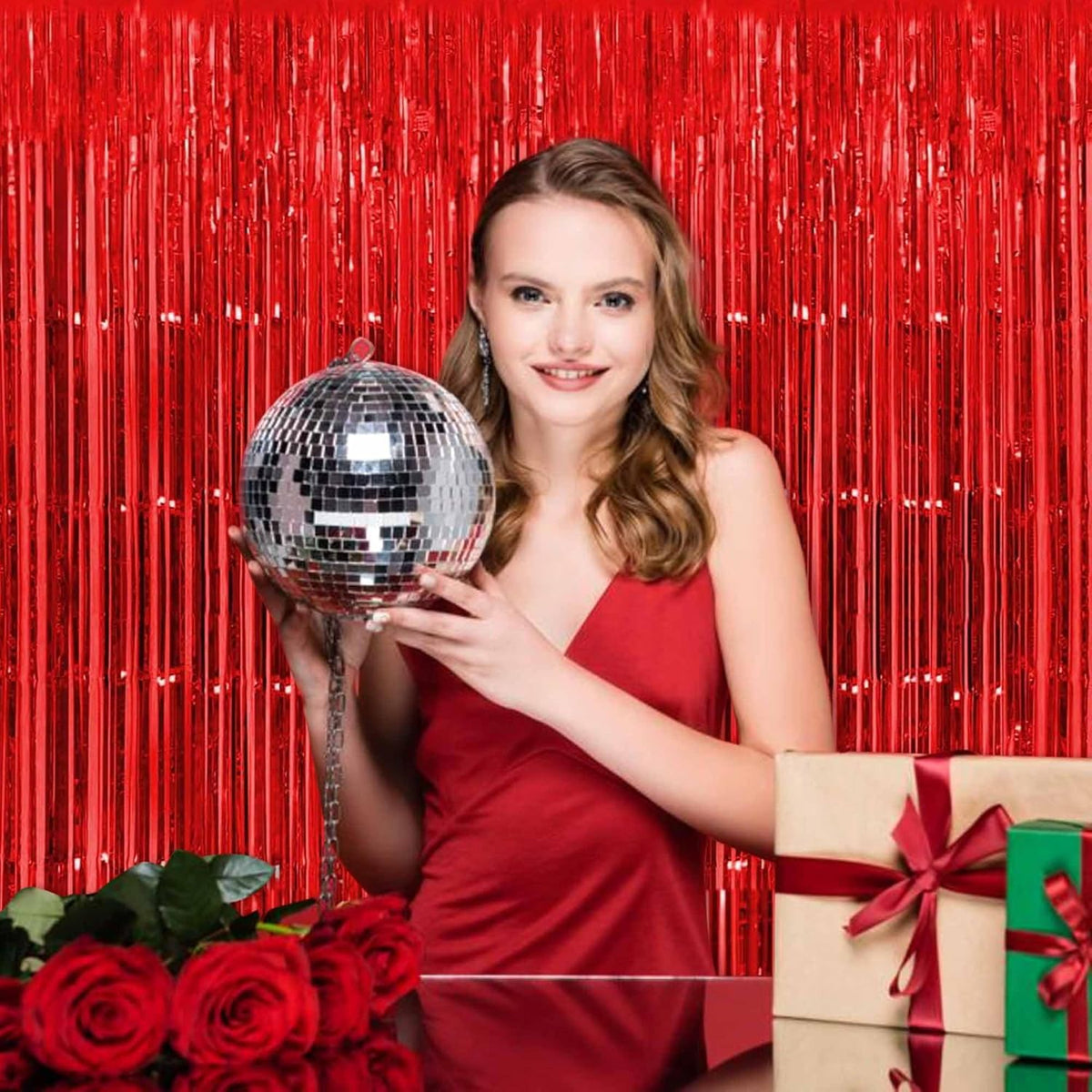 6 Pack Red Foil Fringe Curtains Backdrop, 3.28 x 8.2 Ft Metallic Streamers Tinsel Curtains