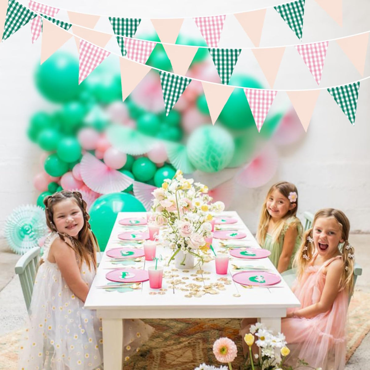 32Ft Pink Green Gingham Camp Bride Banner Green Pink Plaid Checkered Fabric Triangle Flag Pennant