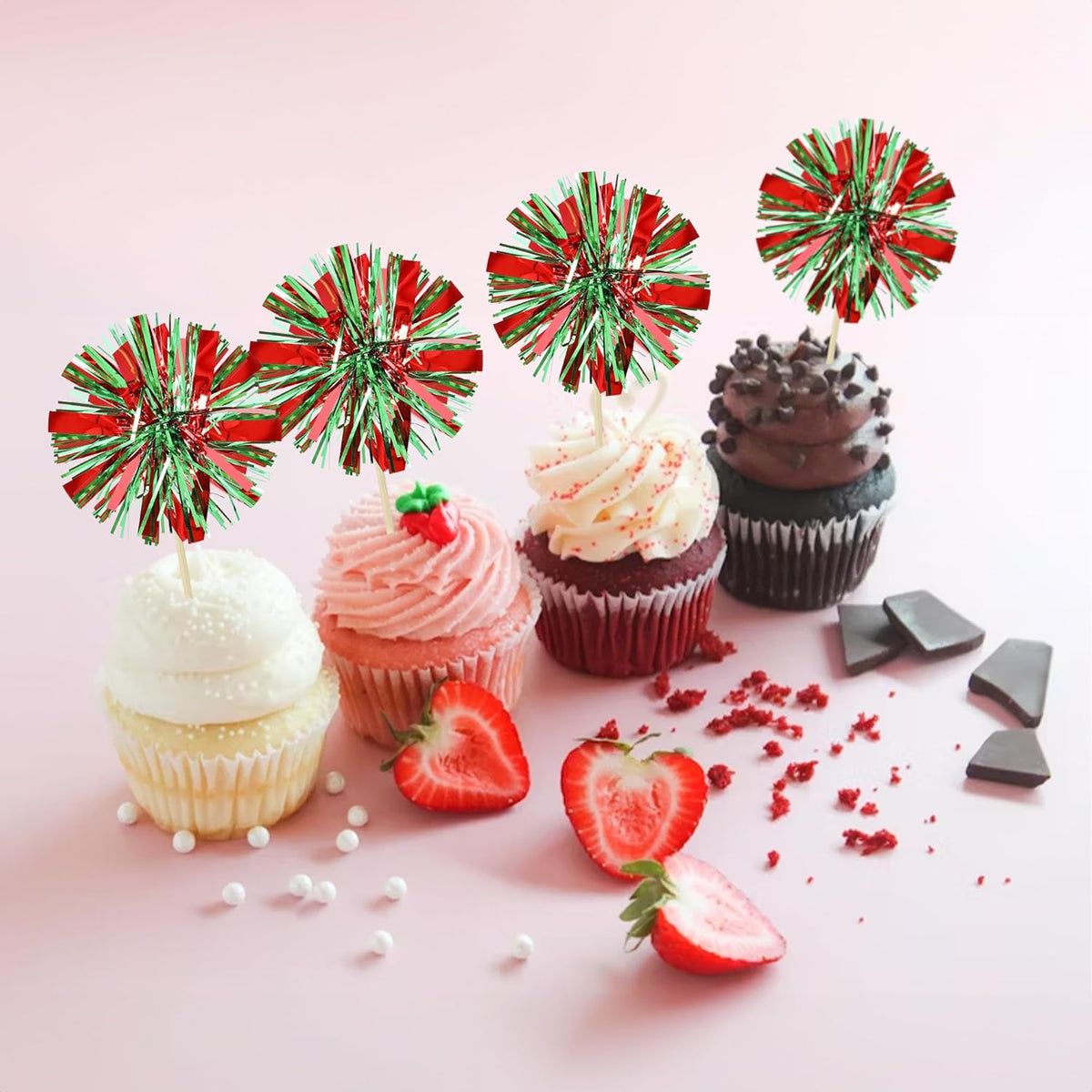 Ephlyn 30Pcs Foil Firework Cupcake Toppers Sparkle Tinsel Drink Birthday Cake Decorations Cocktail