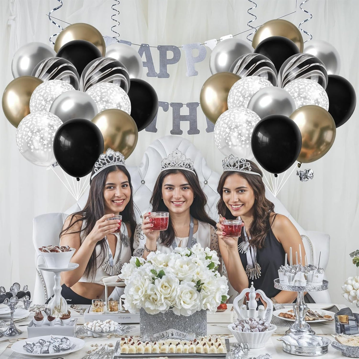Black Gold Silver Balloon Set, 12 Inch Marble Black and Metallic Chrome Gold Silver with Clear Star