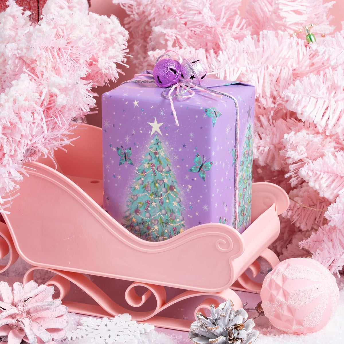 LeZakaa Christmas Purple Wrapping Paper Mini Roll, Christmas Tree Butterfly, Pink Purple Stripe