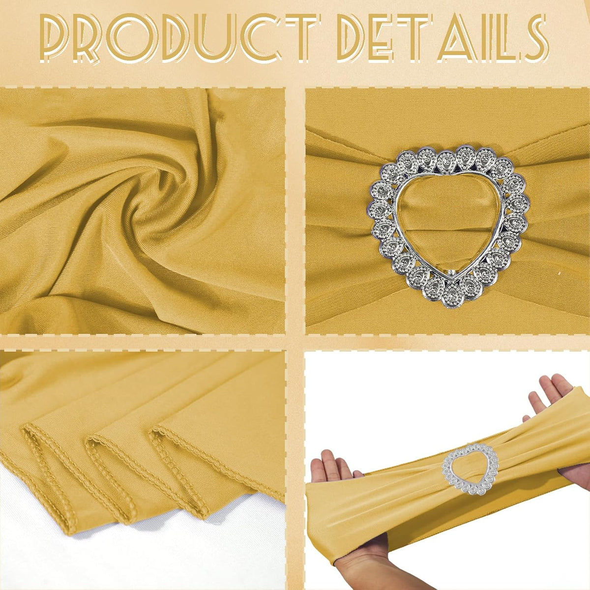100PCS Spandex Stretch Gold Chair Sashes Bows Universal Elastic Chair Cover Bands Ties with Buckle
