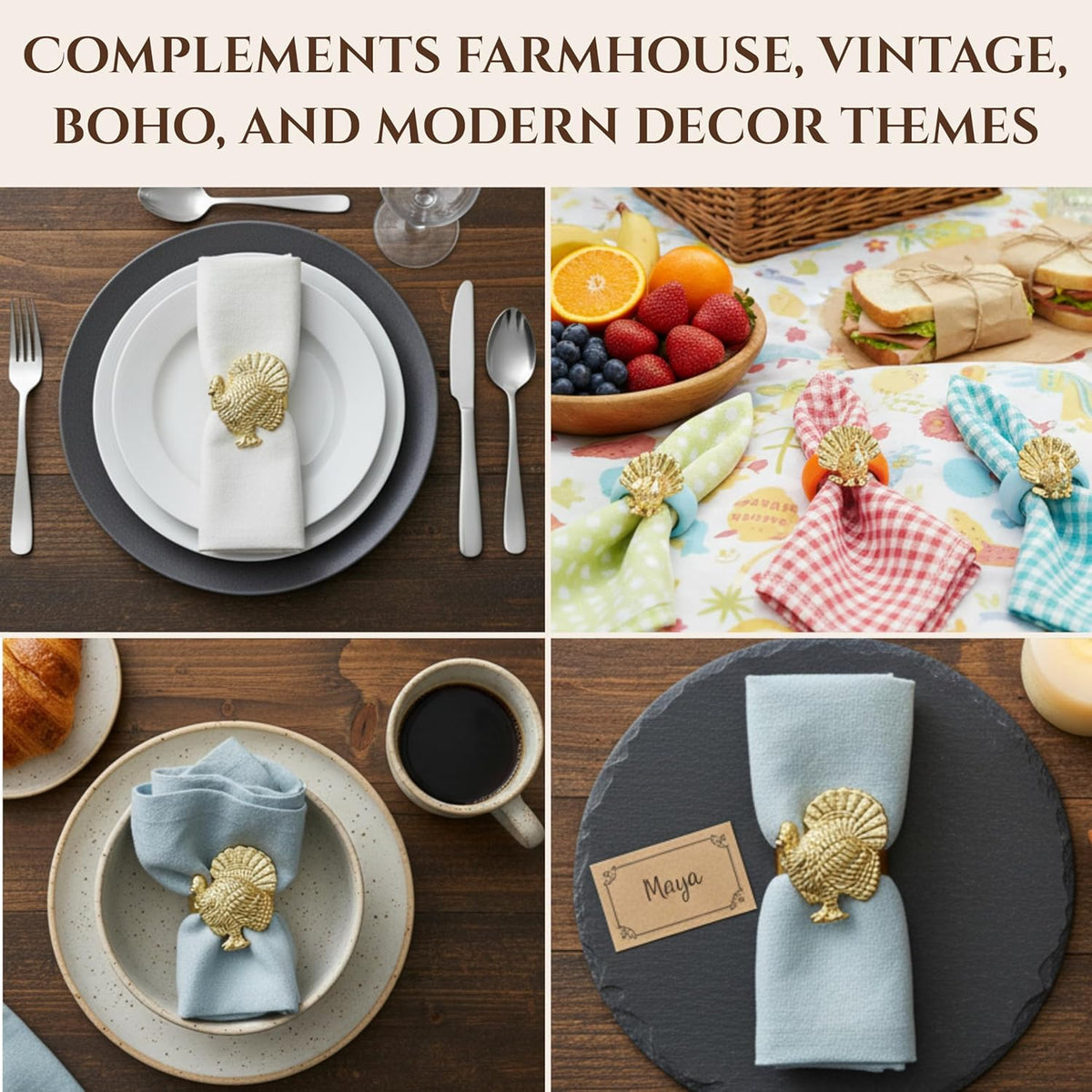 Set of 12 Turkey Napkin Rings for Thanksgiving Table Decor | Premium Metal Dinnerware Holders |