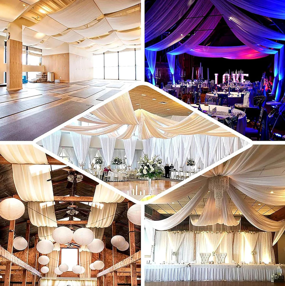 PartyVillage 60ftx40ft White Ceiling Curtain for Wedding Parties – 12 Panels Wrinkle-Free 40 FT