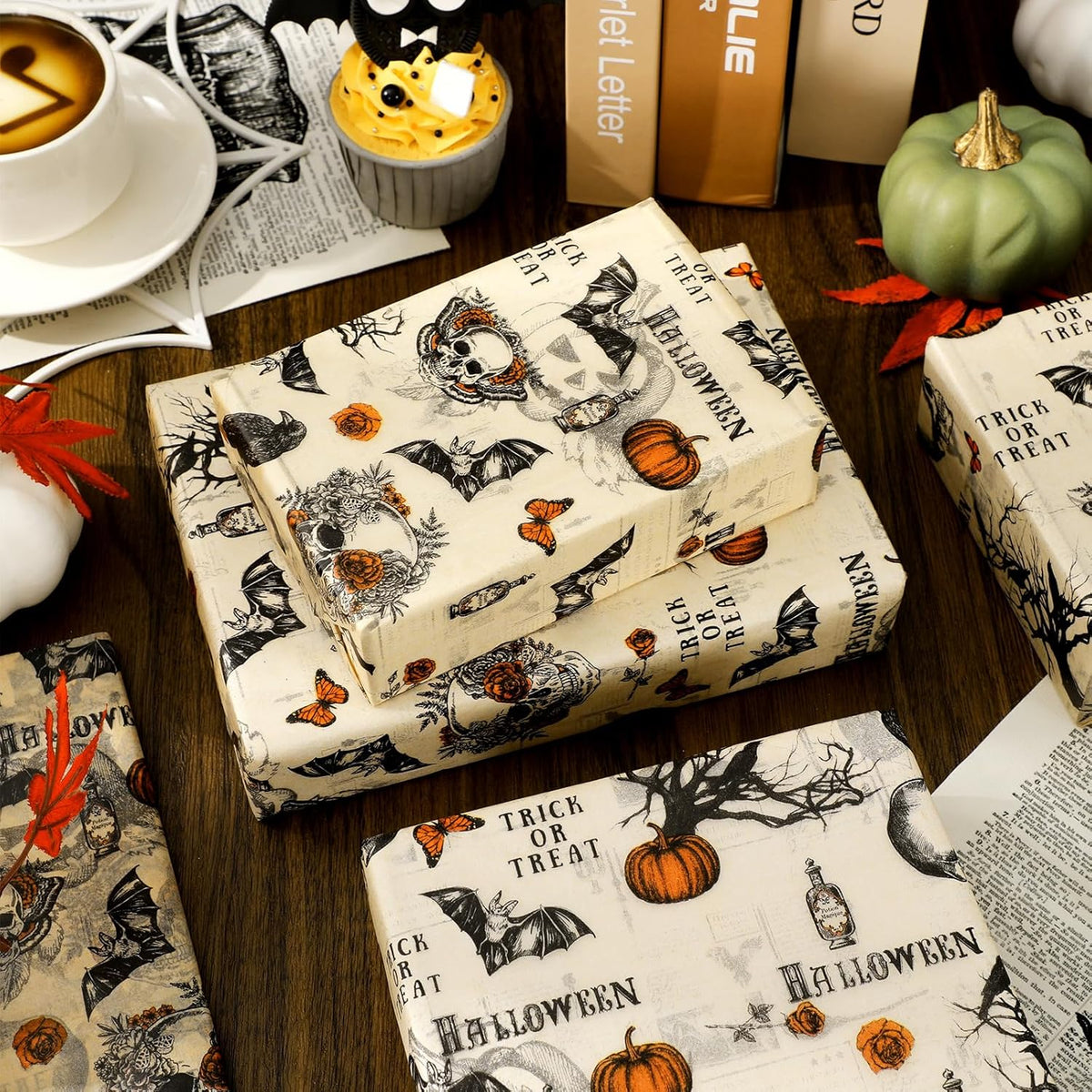 JarThenaAMCS 60 Pcs Halloween Tissue Paper Retro Gothic Skull Crow Pumpkin Wrapping Paper