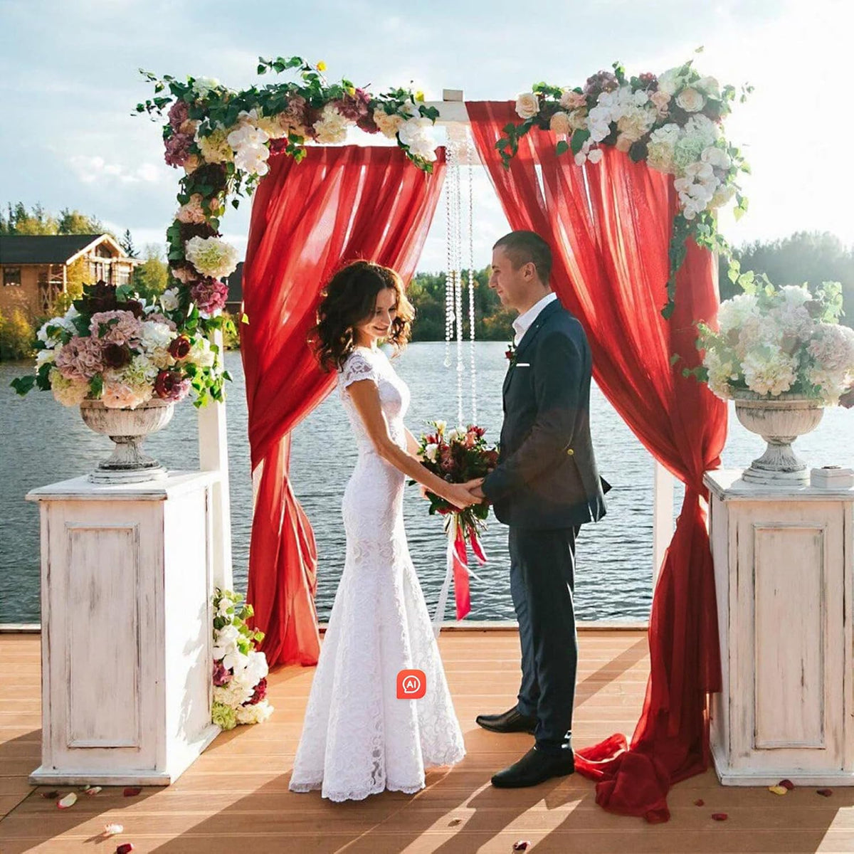 VOK Red Wedding Arch Draping Fabric 29in x 18Ft 4 Panels Sheer Chiffon Curtain Drapes Extra Long