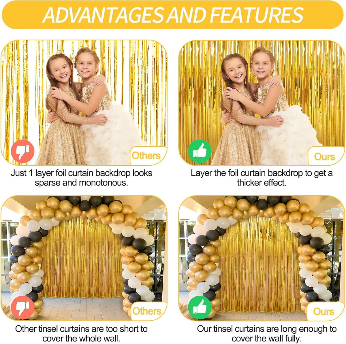 2 Pack Gold Foil Fringe Curtains Streamers Party Decorations 3.3 x 8.2 ft, Gold Tinsel Curtain
