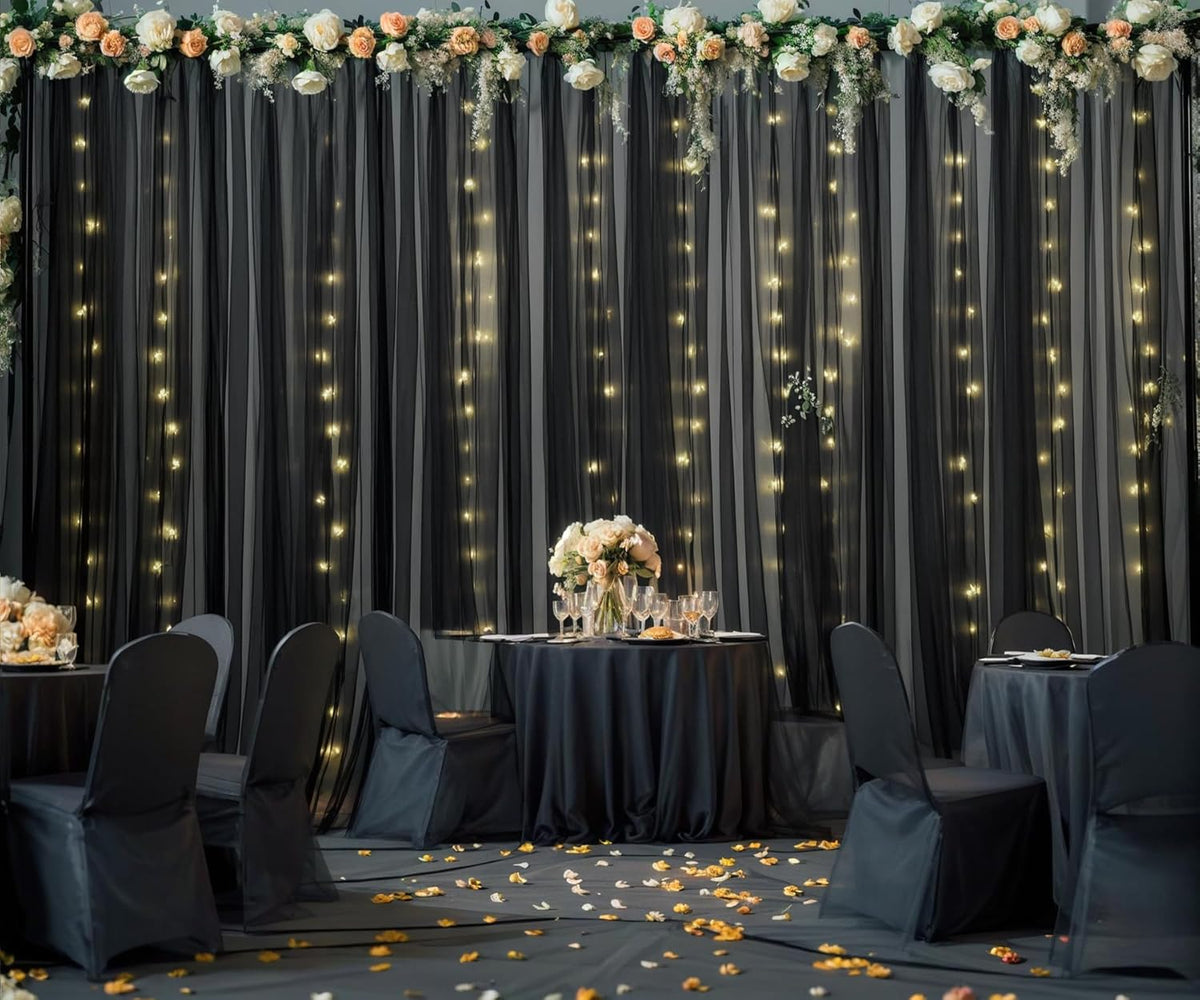 Black Tulle Backdrop Curtain with Lights String for Parites 20ft×10ft Black Sheer Backdrop Curtains