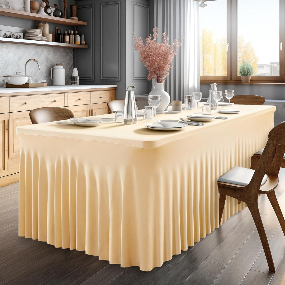 2 Pack Champagne Spandex Table Clothes for 6 Foot Rectangle Tables, 6FT Wrinkle Free Fitted