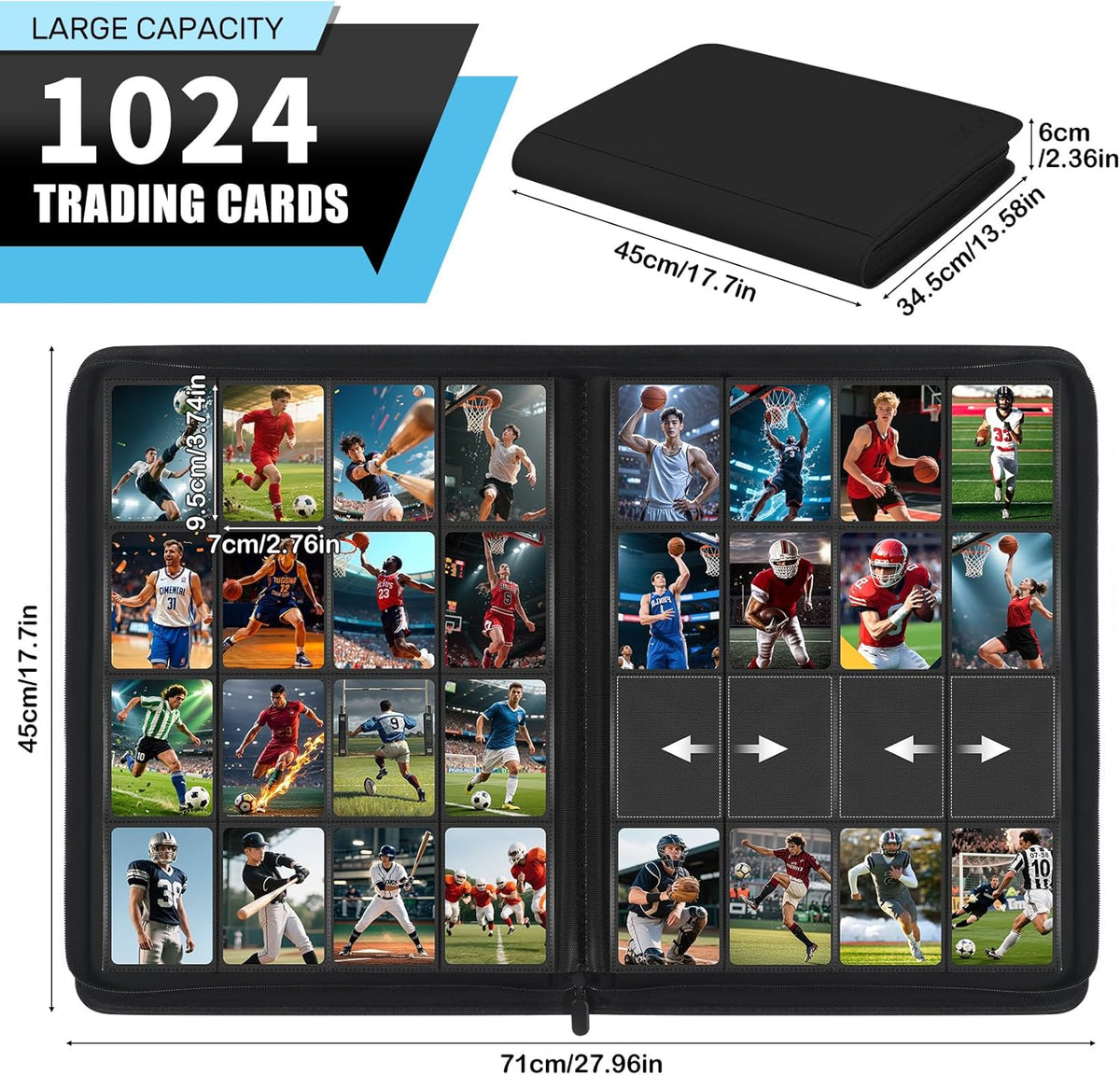1000+ Pockets Trading Card Binder, 16 Pockets Zipper Binder Card Album, 32 Pack Double-sided Side
