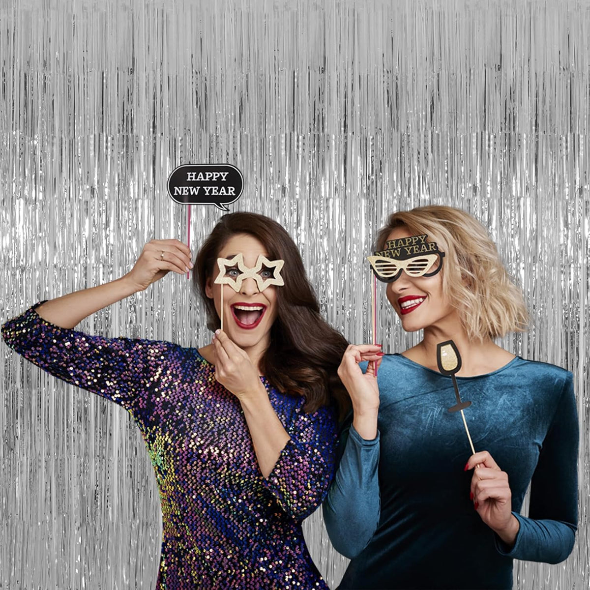 Silver Tinsel Fringe Backdrop Curtains for Parties, Melsan 3.2 x 8 ft Foil Streamer Disco Party