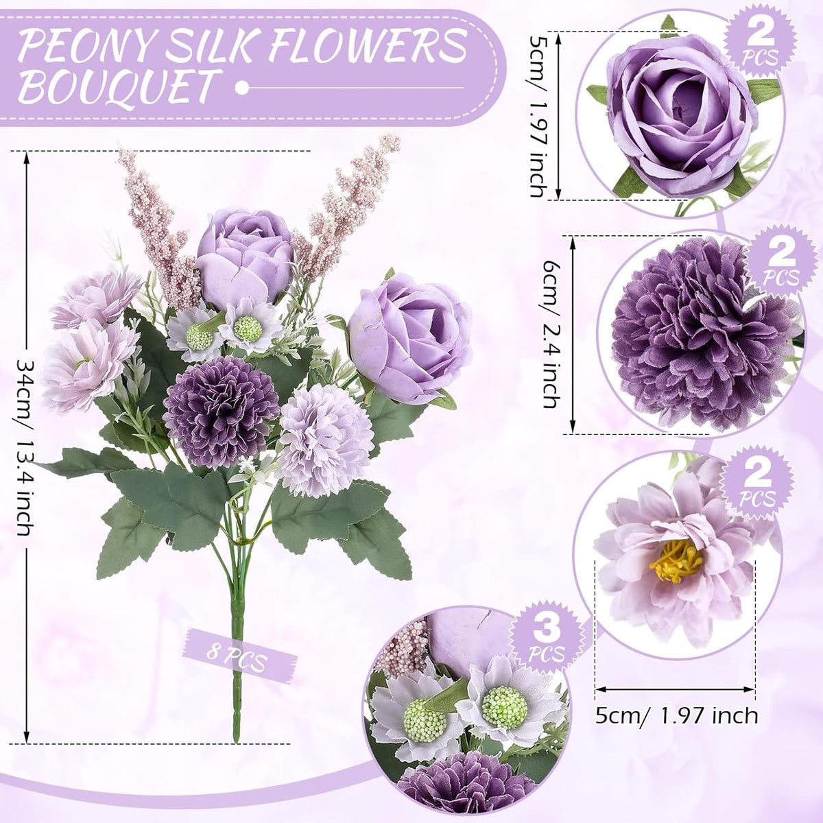 Zeyune 8 Pcs Wedding Silk Flowers Fake Silk Flowers Faux Bouquet Hydrangea Bouquets for Wedding