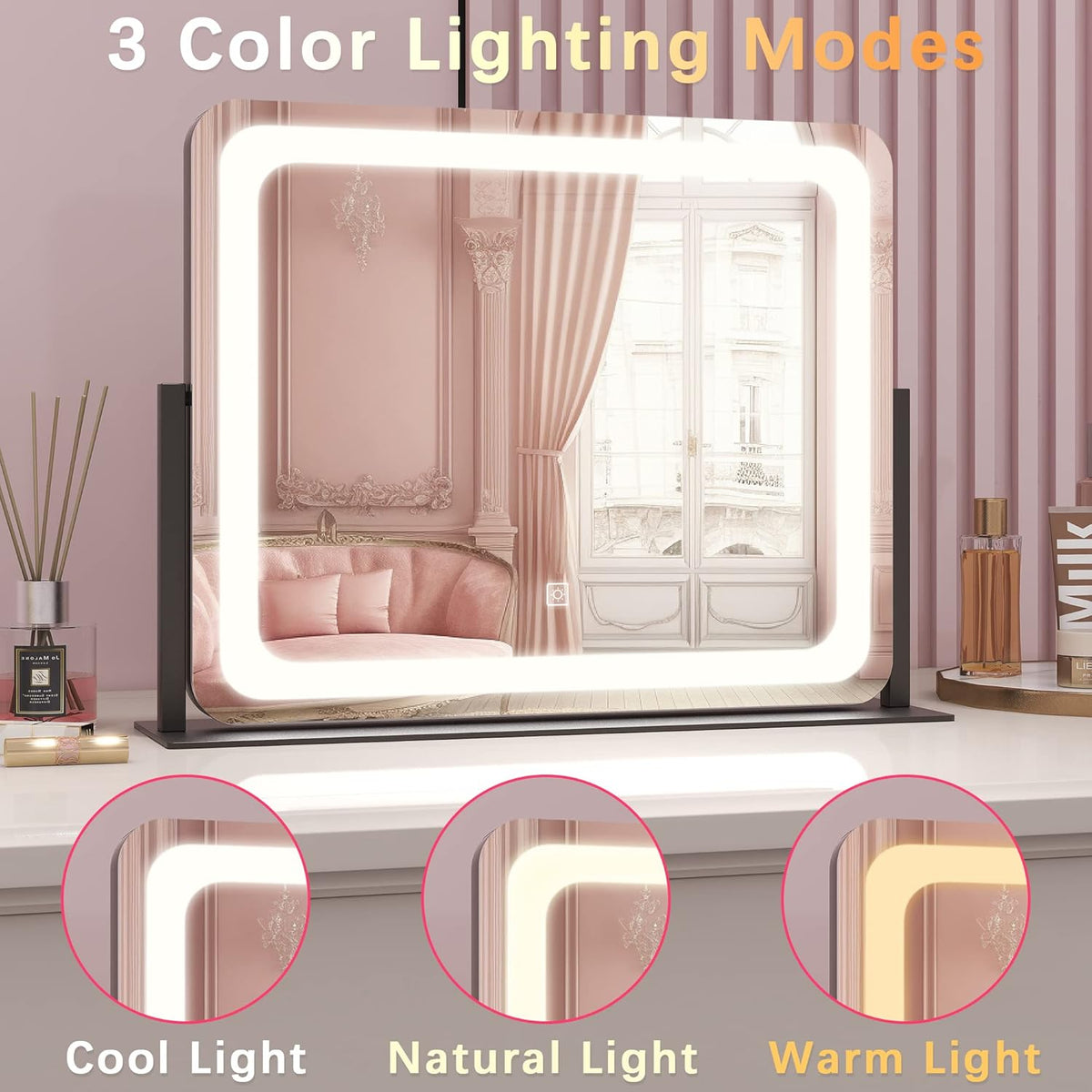 22x17 Inch Lighted Vanity Mirror with Dimmable LED Lights - 3 Color Modes, Smart Touch Control &