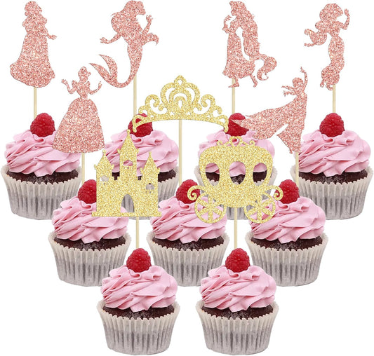 Gyufise 36Pcs Princess Cupcake Toppers Glitter Mermaid Girl Castle High Heel Crown Cupcake Picks