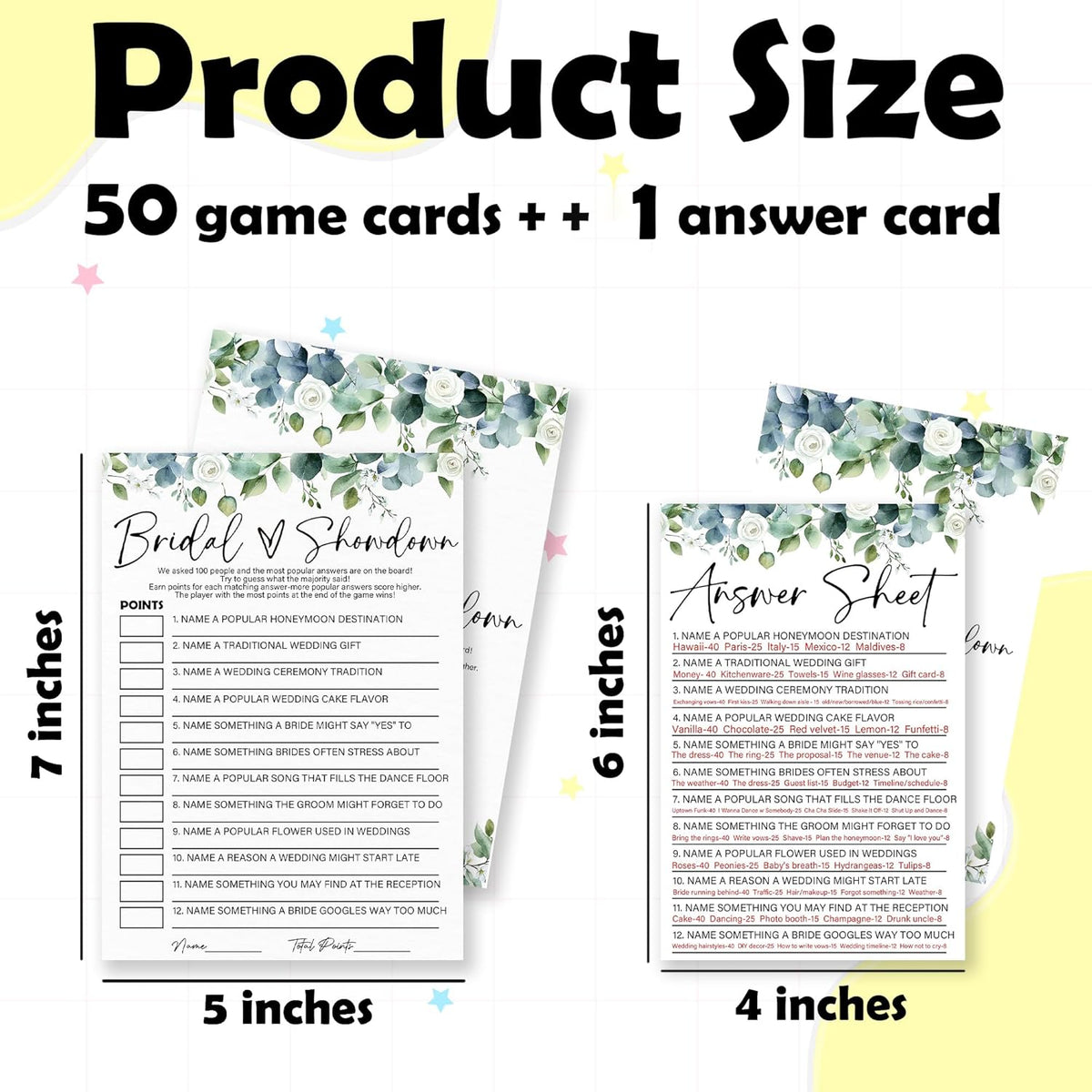 Bridal Showdown - Botanical Bridal Shower Game Cards - 50 Pcs Eucalyptus Leaves Game Cards - Funny