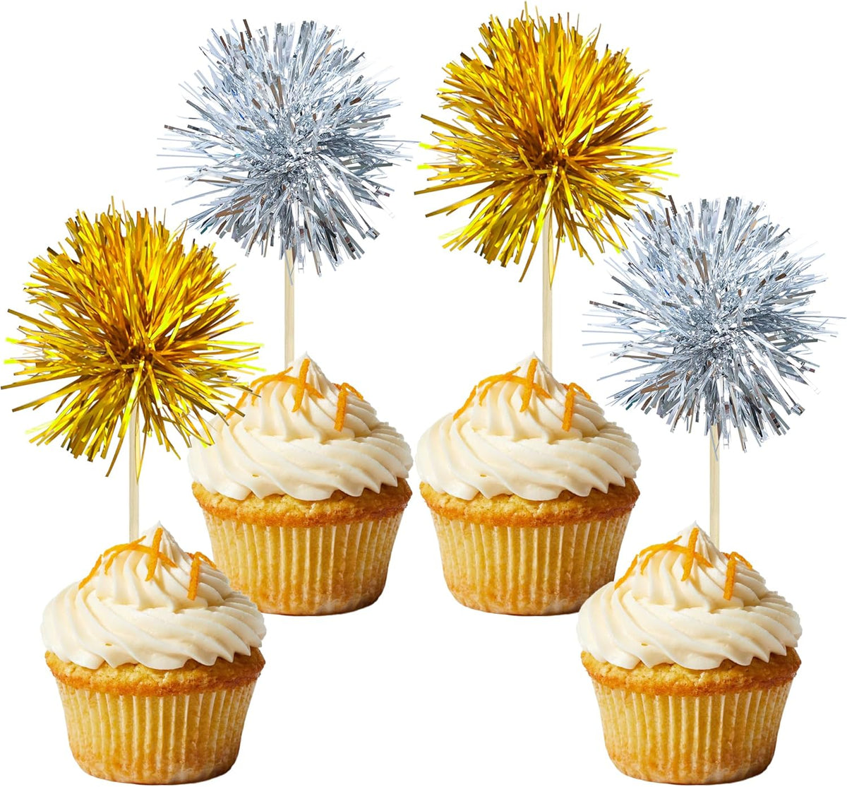 Gyufise 30Pcs Foil Firework Cupcake Toppers Sparkle Tinsel Cake Toppers Tinsel Drink Cake