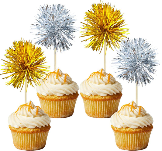 Gyufise 30Pcs Foil Firework Cupcake Toppers Sparkle Tinsel Cake Toppers Tinsel Drink Cake