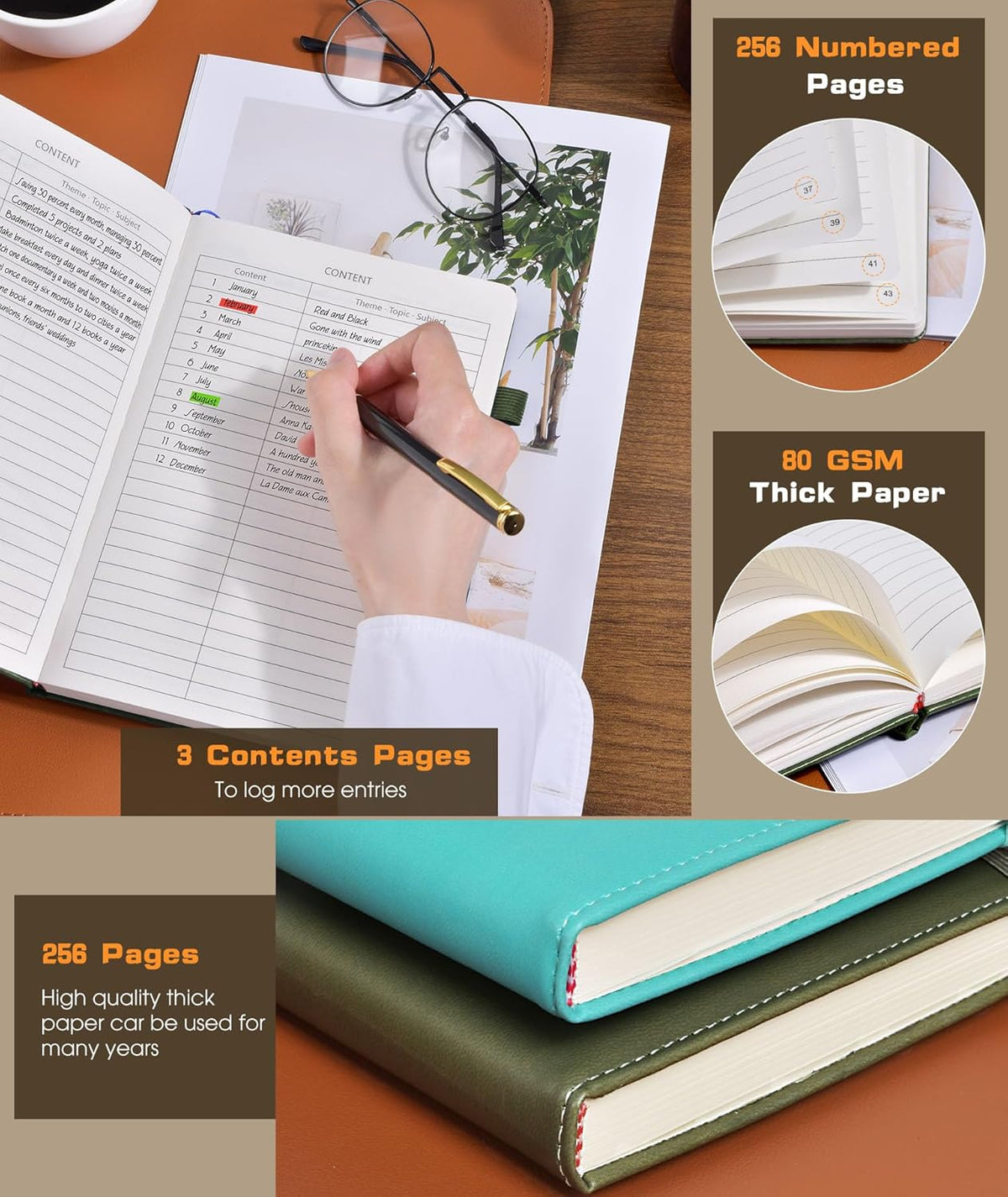 Lined Journal Notebook for Women Men, 256 Numbered Pages Hardcover Leather Journals for Writing, A5