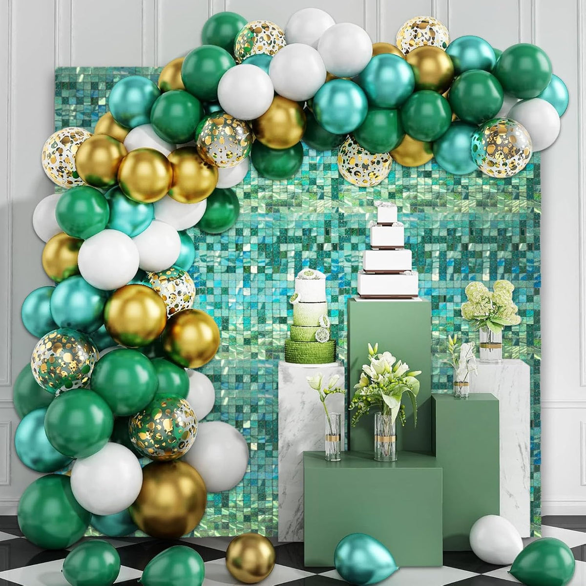 24PCS Light Green Shimmer Wall Backdrop, Laser Square Sequin Photo Backdrops Panel, Glitter Wall