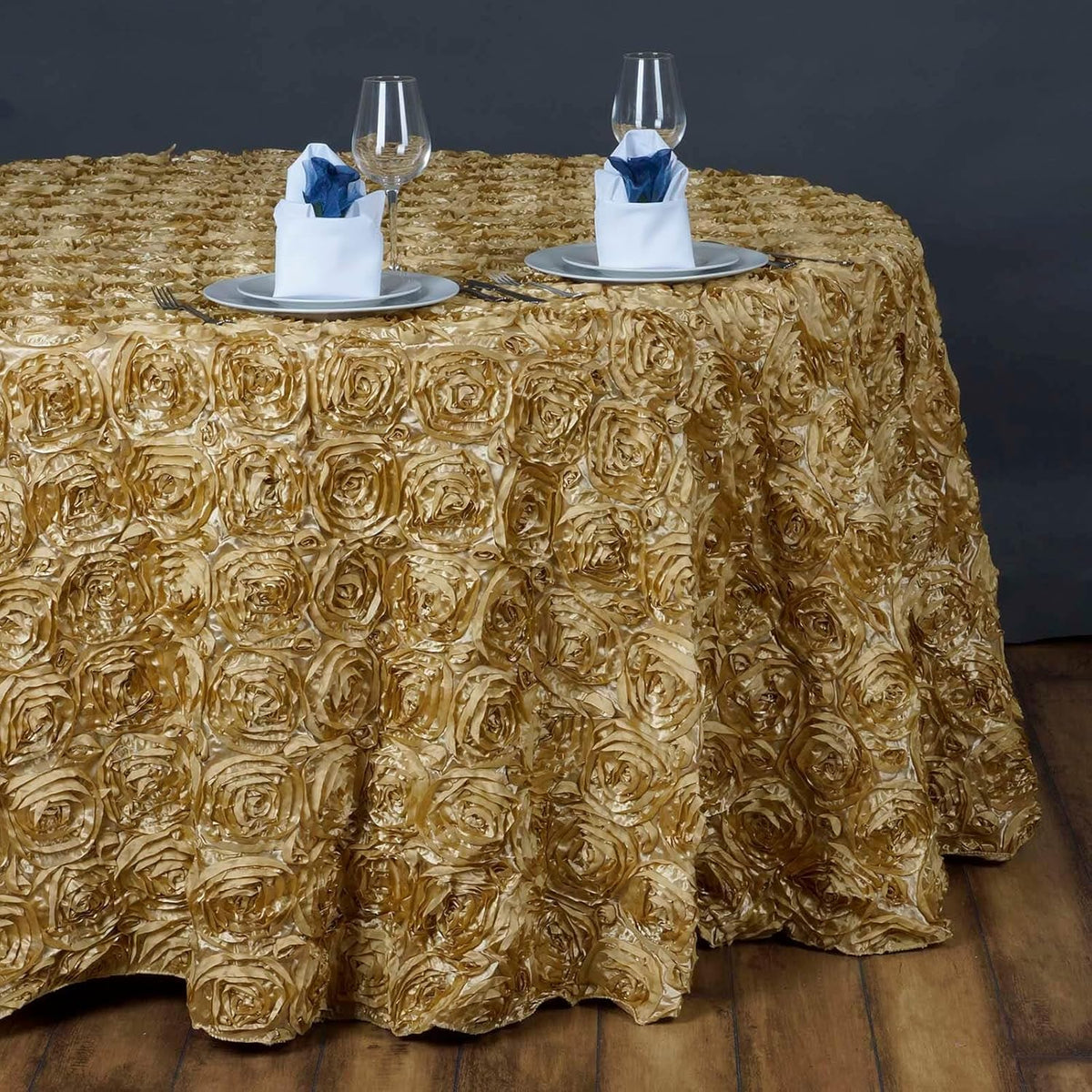 Efavormart 132" Wholesale Round Table Cover Champagne Grandiose Rosette 3D Satin Tablecloth for