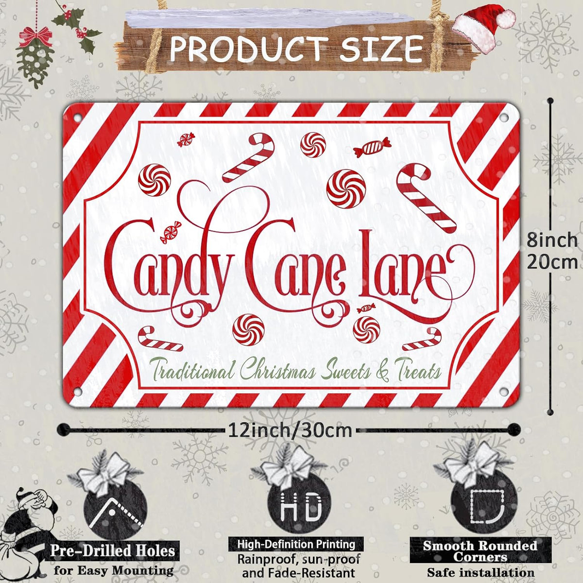 Christmas Candy Cane Lane Metal Tin Sign Traditional Christmas Sweets and Treats Winter Sign for