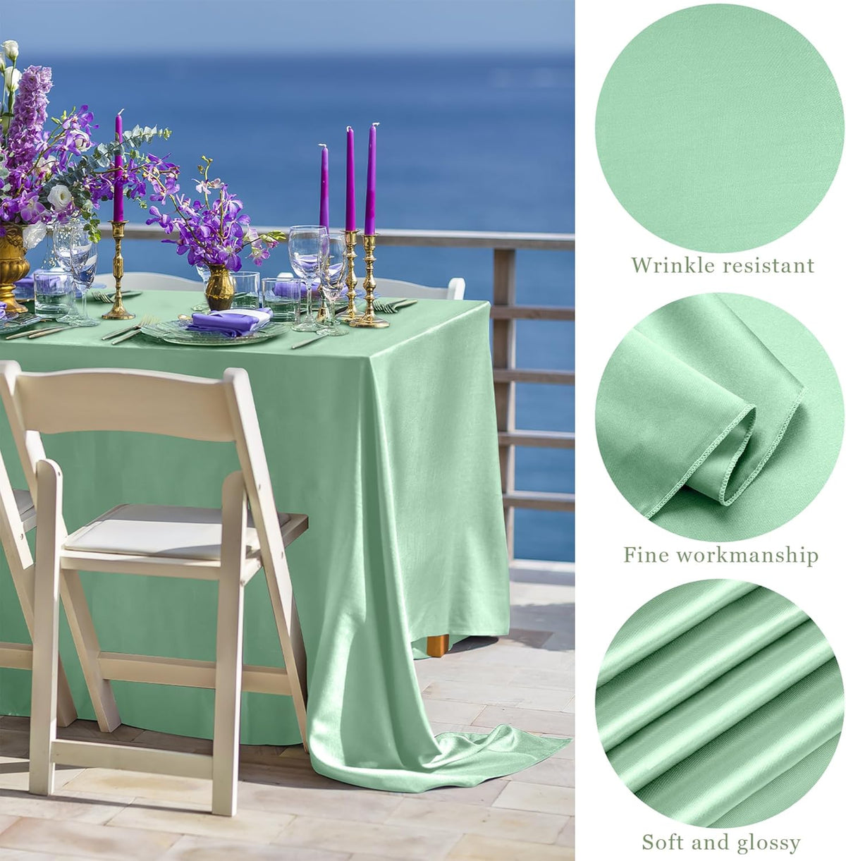 TURSTIN 1 Pack Sage Green Satin Tablecloth 102 x 58 Inch Overlay Satin Table Cover Rectangle Bright