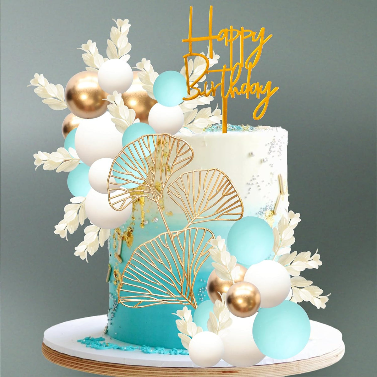 Gyufise 57Pcs Balls Cake Topper Boho Grass Cake topper Pearl Balls Acrylic Happy Birthday Cake