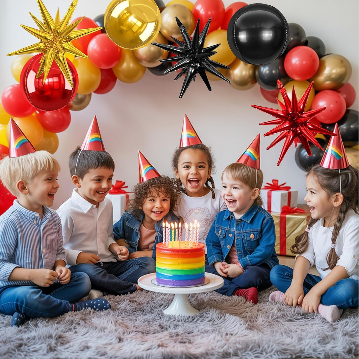 6Pcs Black Red Gold Foil Balloons,22Inch Black Gold Red 4D Round Ball Balloon and Explosion Star