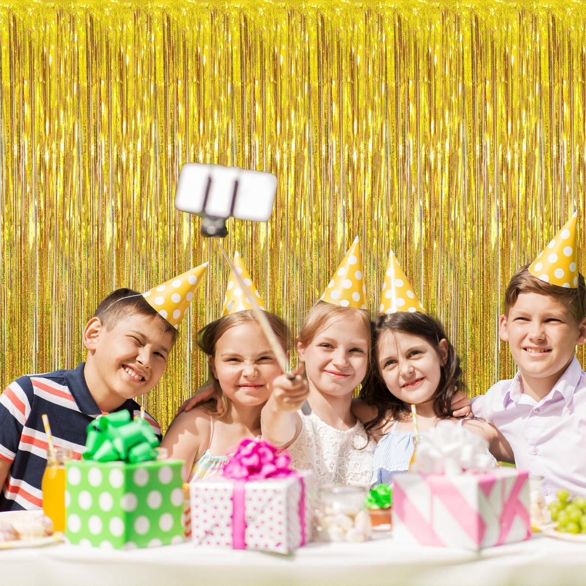 GOER 6.4 ft x 8.2 ft Metallic Tinsel Foil Fringe Curtains,Pack of 2 Party Streamer Backdrop for