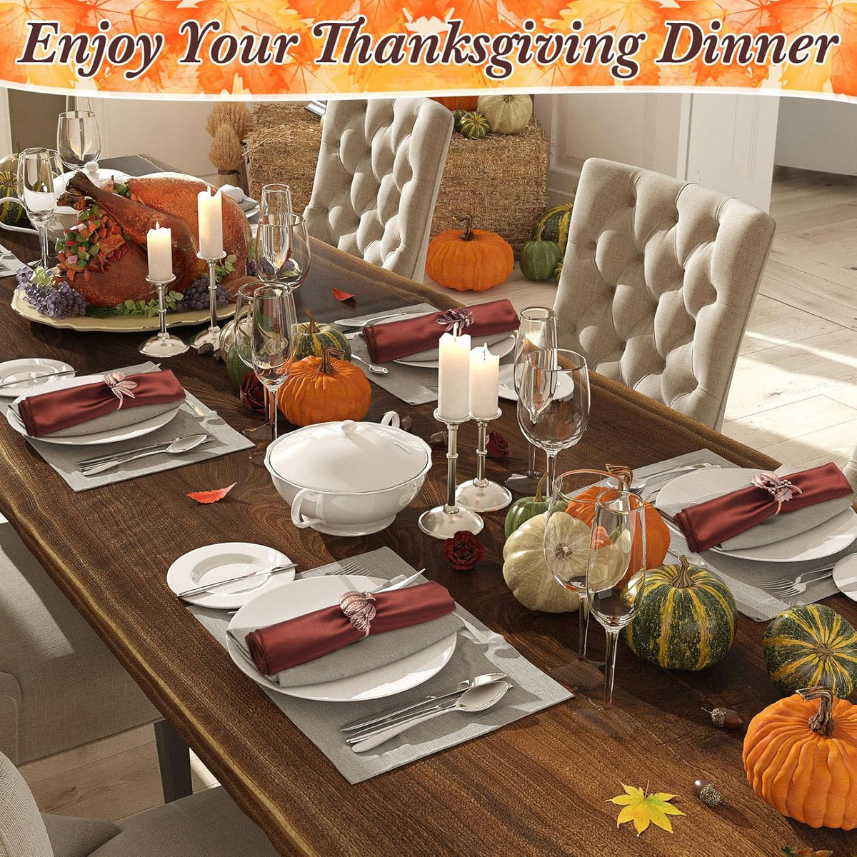 Remerry 8 Pcs Thanksgiving Napkin Ring Harvest Fall Leaf Pumpkin Holders Retro Alloy Metal Napkin