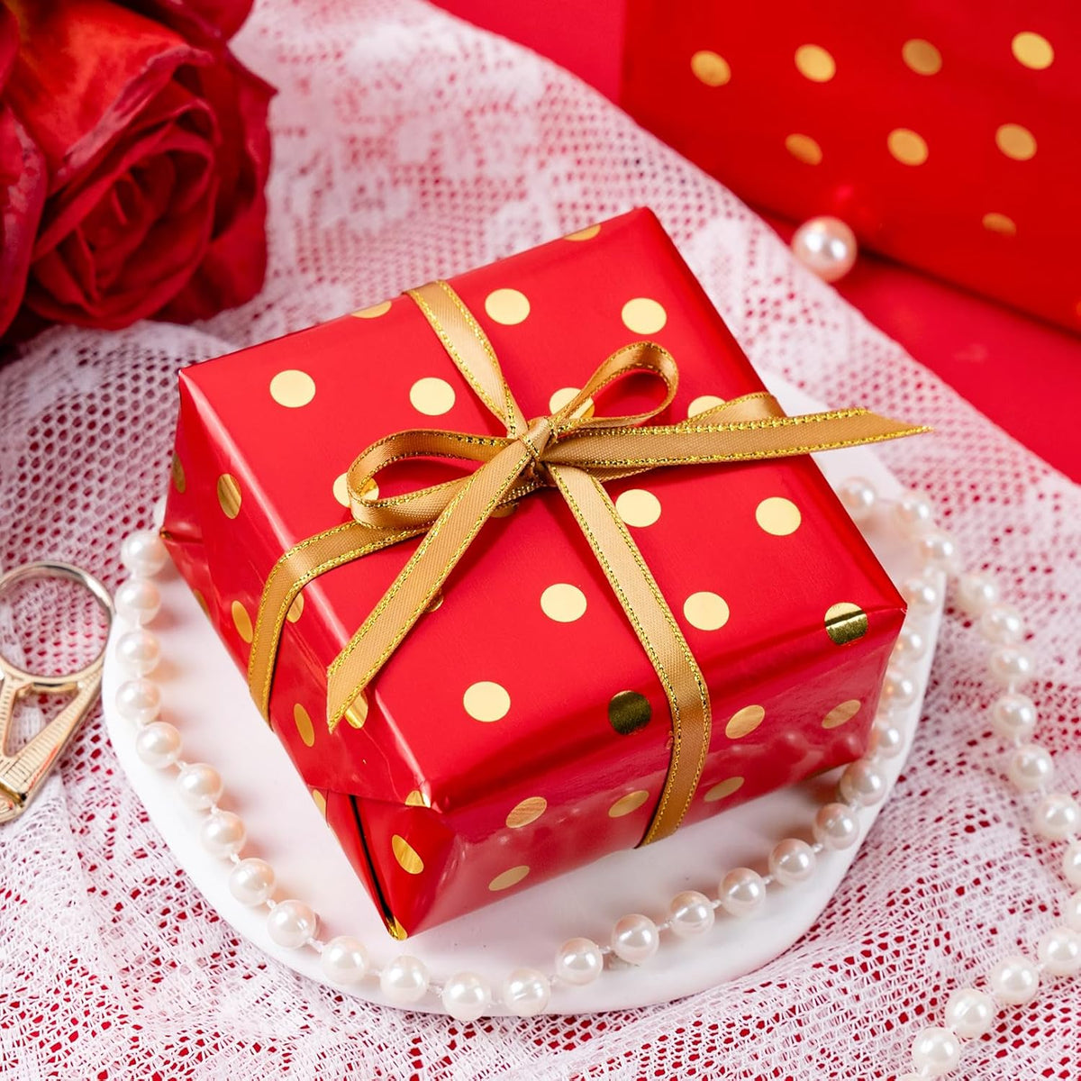 Flyhill Gold Foil Polka Dot Wrapping Paper Roll,Mini Roll Red Reversibl Gift Wrap for