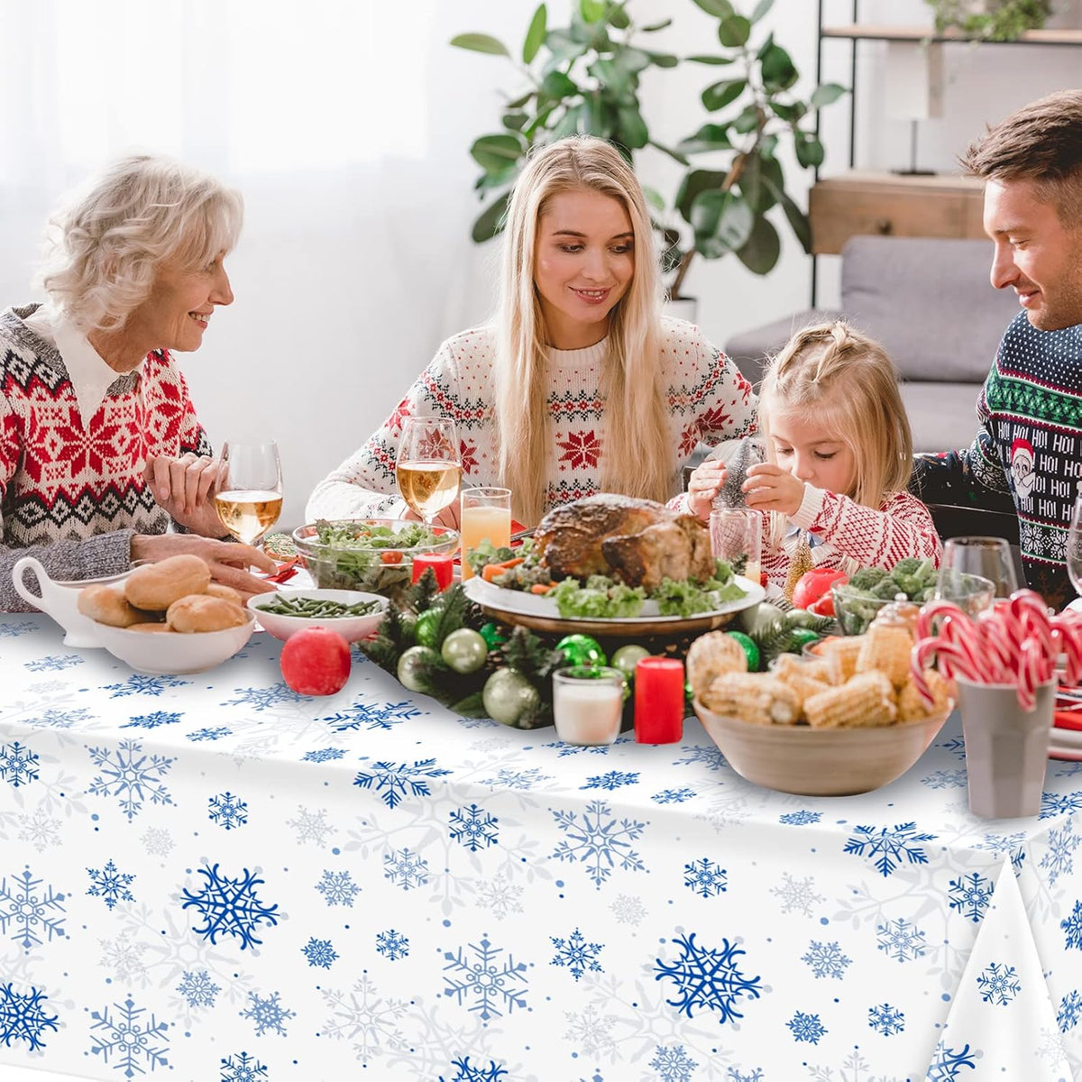 8 Pieces Snowflake Christmas Party Tablecloth Decorations,Plastic White Snowflake White Blue Xmas