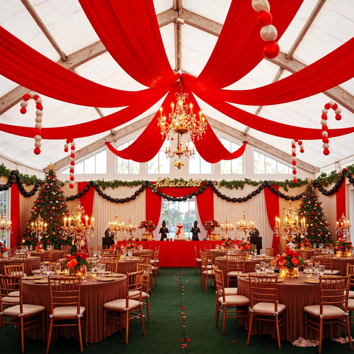 PartyVillage 10 Panels 5ftx30ft Red Ceiling Drapes for Wedding Parties – 30 FT Extra Long Thick