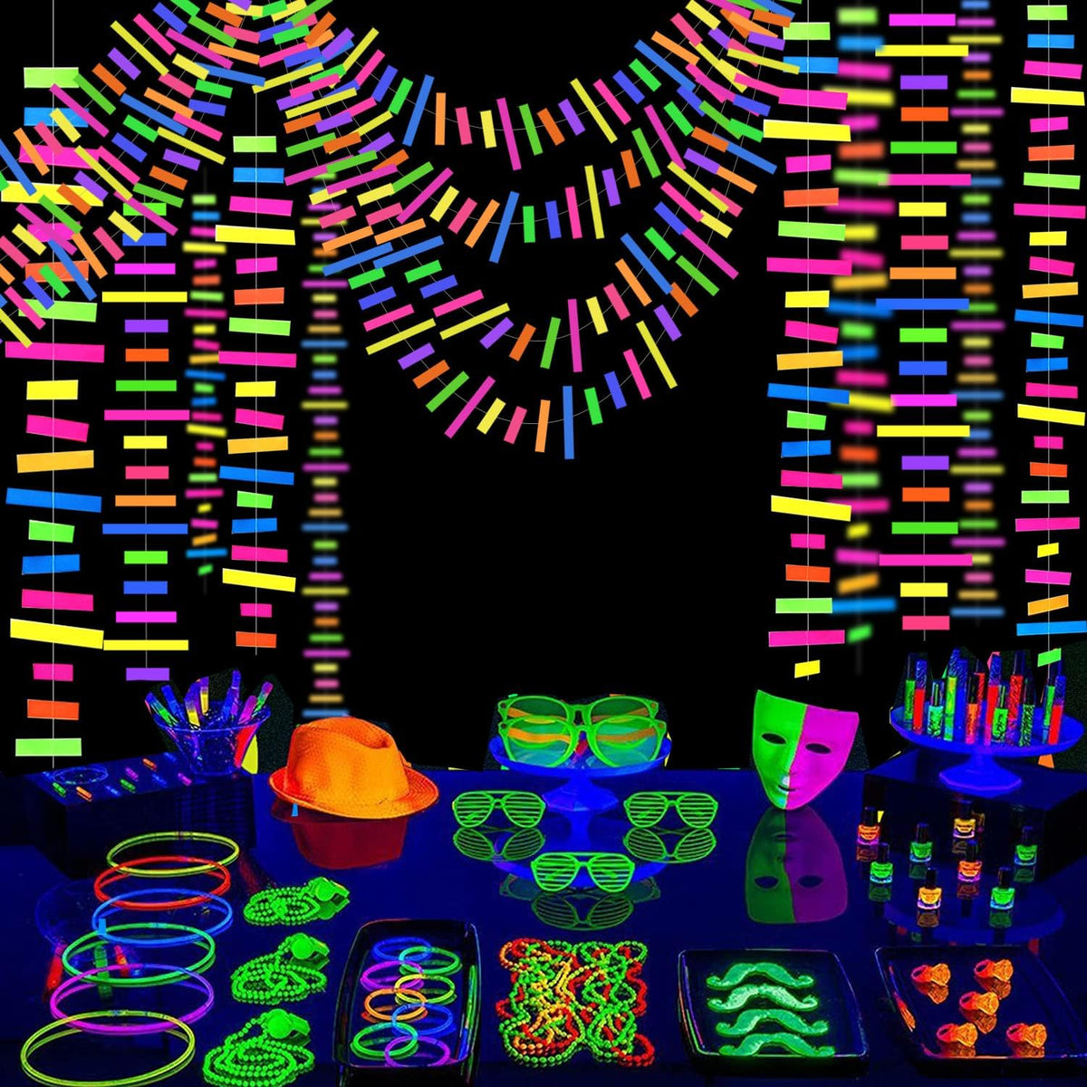 60feet UV Neon Paper Garland Stripe Neon Streamers Black Light Neon DecorationsGlow Party UV