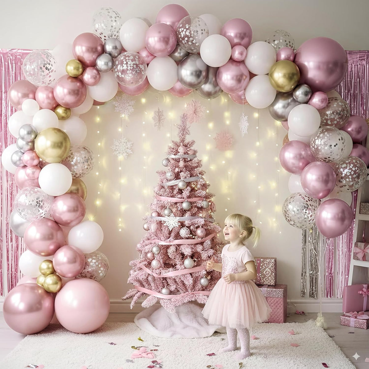 Pink White Winter Wonderland Snowflake Balloons Set, Metallic Light Pink Gold Silver White