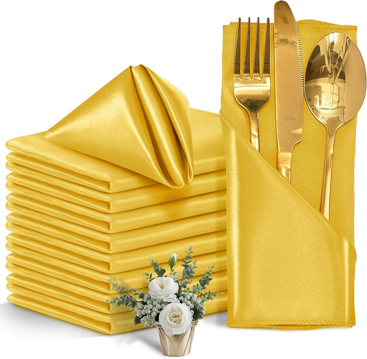 50 Pieces Gold Satin Napkins, 17" x 17" Square Table Napkins, Silky Soft Smooth Washable Napkins