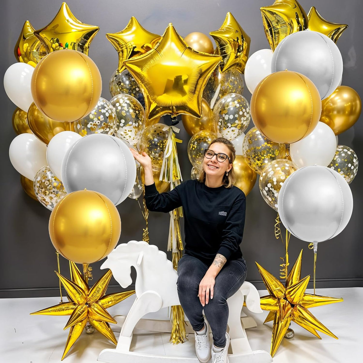 6Pcs Gold Silver Round Foil Balloons,Giant 4D Round Ball Balloons,22 Inch Metallic Gold Silver