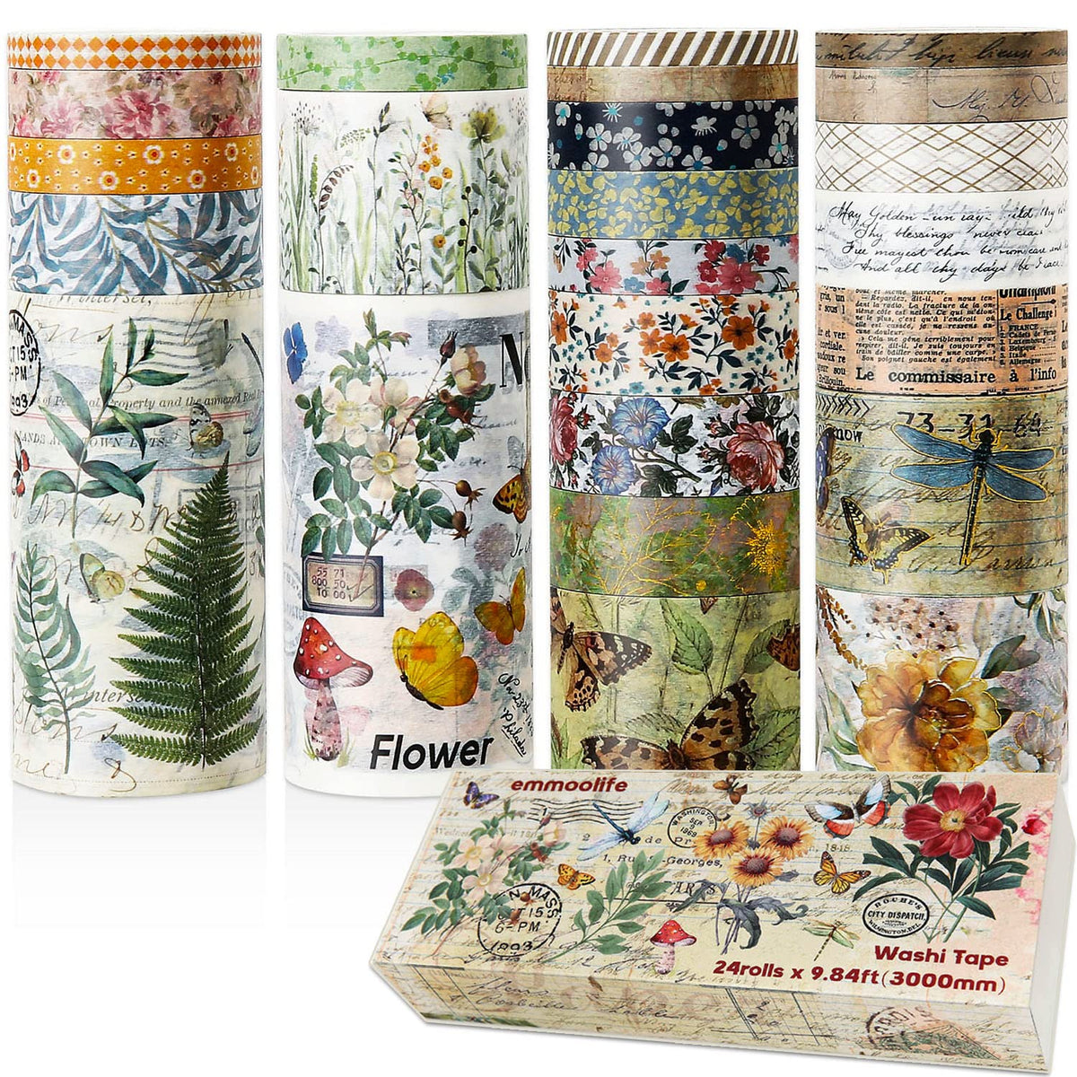 24 Rolls Vintage Washi Tape Set, Floral Letter Butterfly Mushroom Botanical Flower Writable
