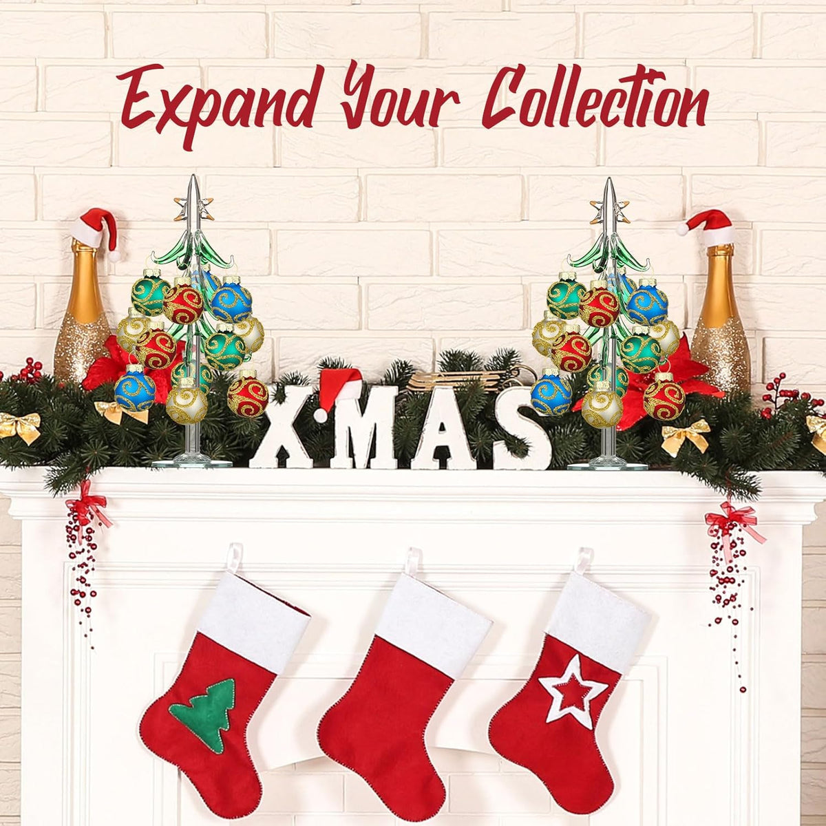 Glass Christmas Tree with 12 Ornament Glitter Balls Tabletop Wine Glass Charms Miniature Christmas