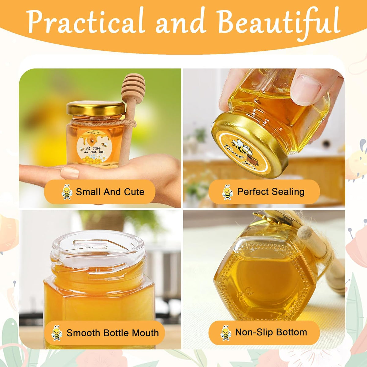 Aliggbent 48 Pack Mini Honey Jars Party Favors in Bulk, 1.5 oz Small Hexagon Glass Honey Jars with