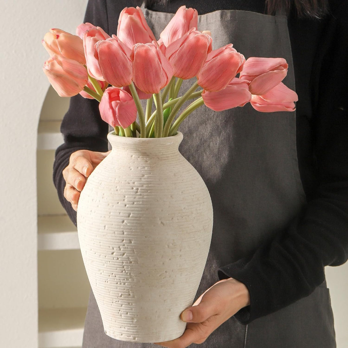 Ceramic Flower Vase Home Decor - Large Farmhouse Table Vases Rustic Vintage Living Room Kitchen
