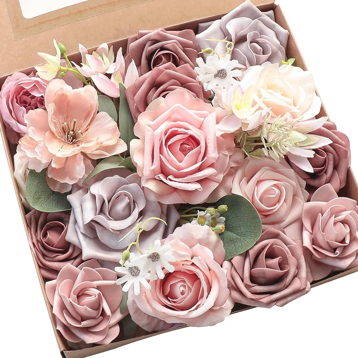 Floroom Dusty Rose Artificial Flowers Fake Roses Peonies and Greenery Combo Box Set for DIY Wedding