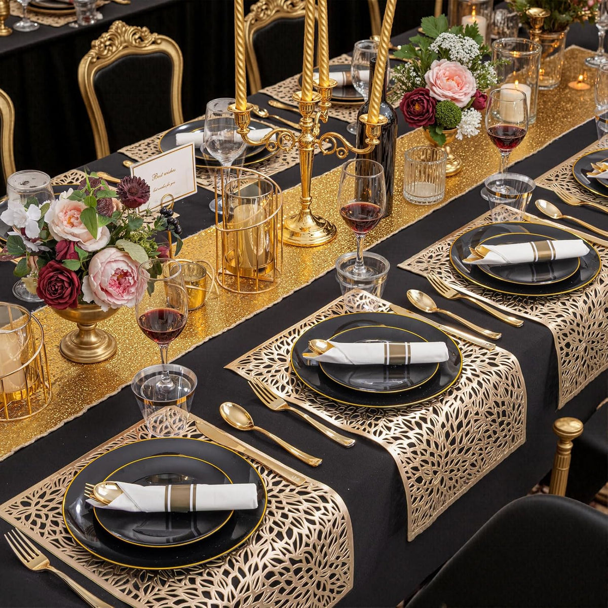 KIRE 175Pcs Black Plates Disposable - Heavy Duty Black and Gold Plastic Plates- 25 for Dinner 25