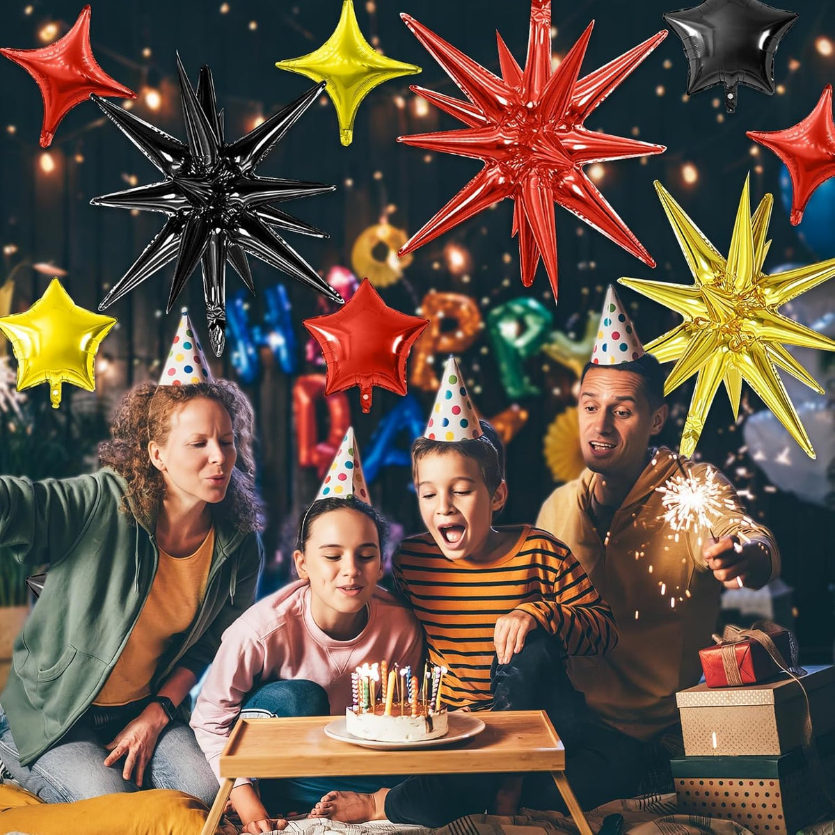 Black Gold Red Star Balloon,16Pcs Star Foil Balloons Set with 22Inch Explosion Spike Cone Balloons
