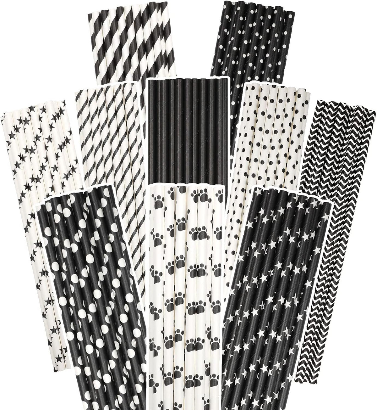 qiqee Black Paper Straws 150pcs Disposable Straws Bulk (10 Black Patterns, Biodegradable
