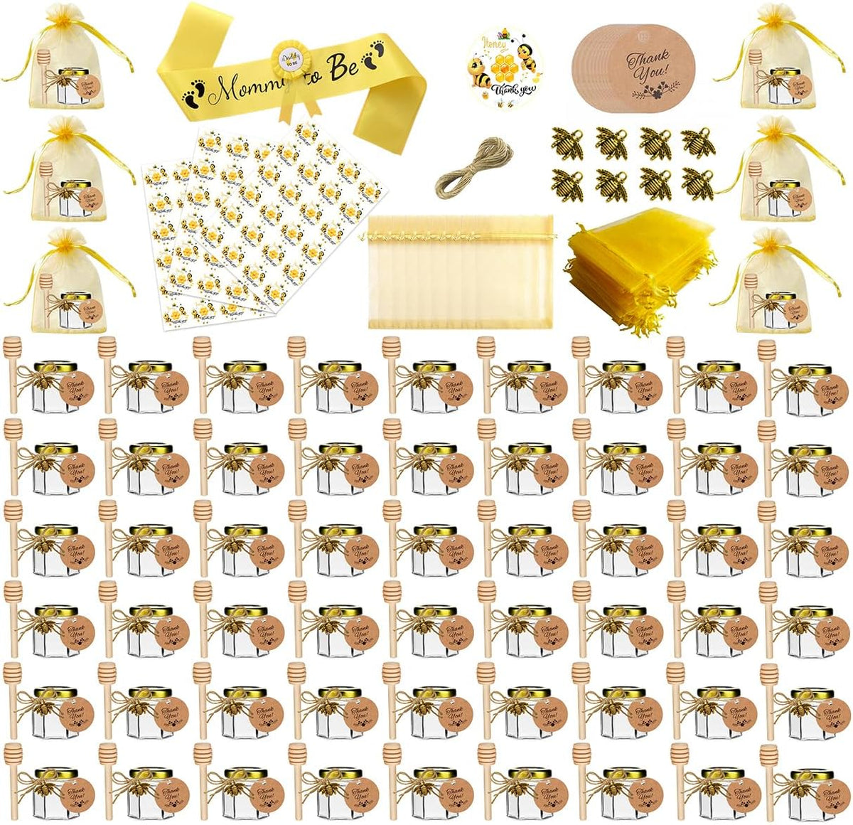 IIKUM 60 Pack 1.5 oz Glass Honey Jars with Baby Shower Sash, Dippers, Bee Pendants, Gift Bags